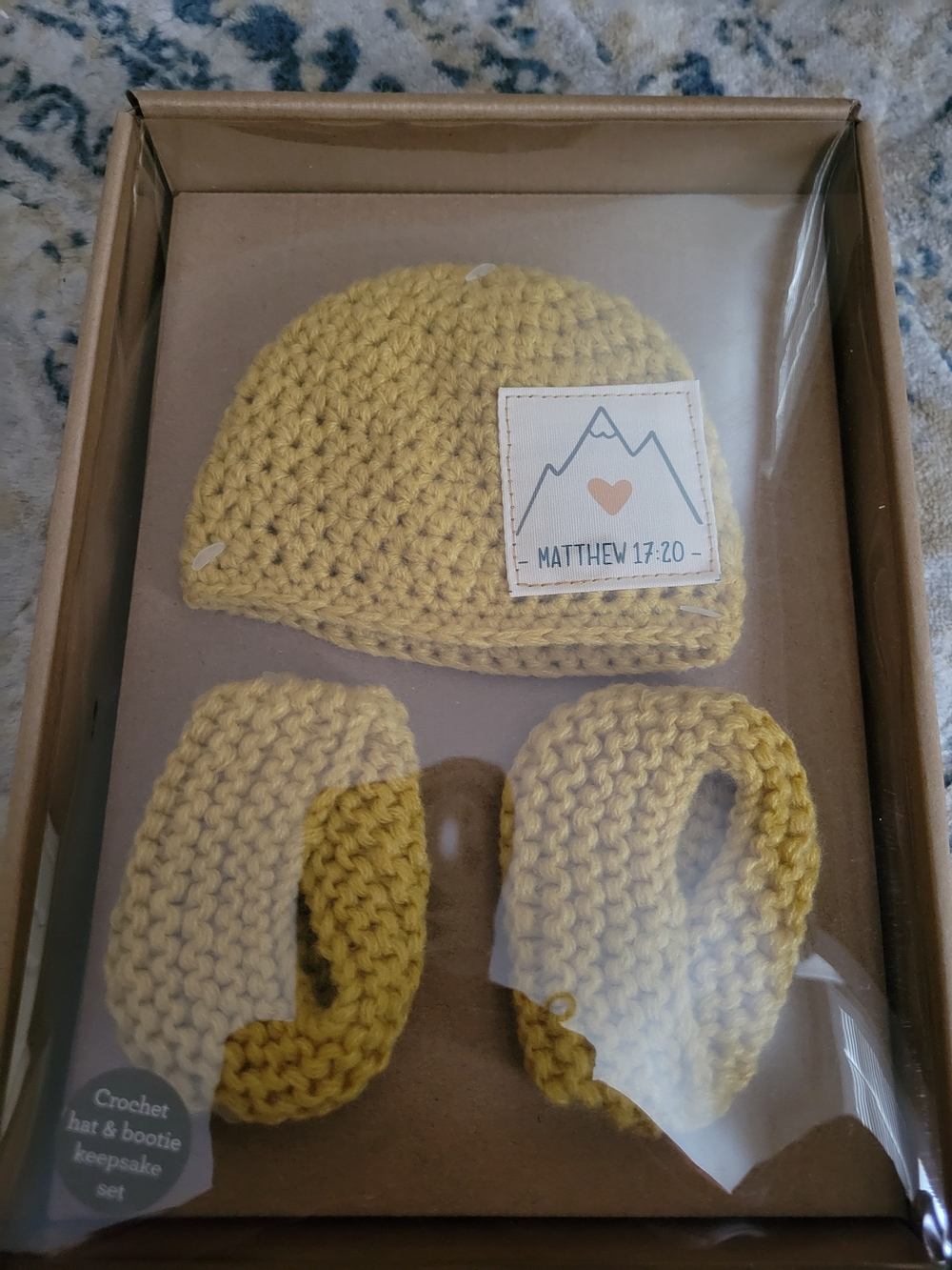 NWT Mustard Yellow Crochet Baby Hat & Booties with Matthew 17:20 Patch